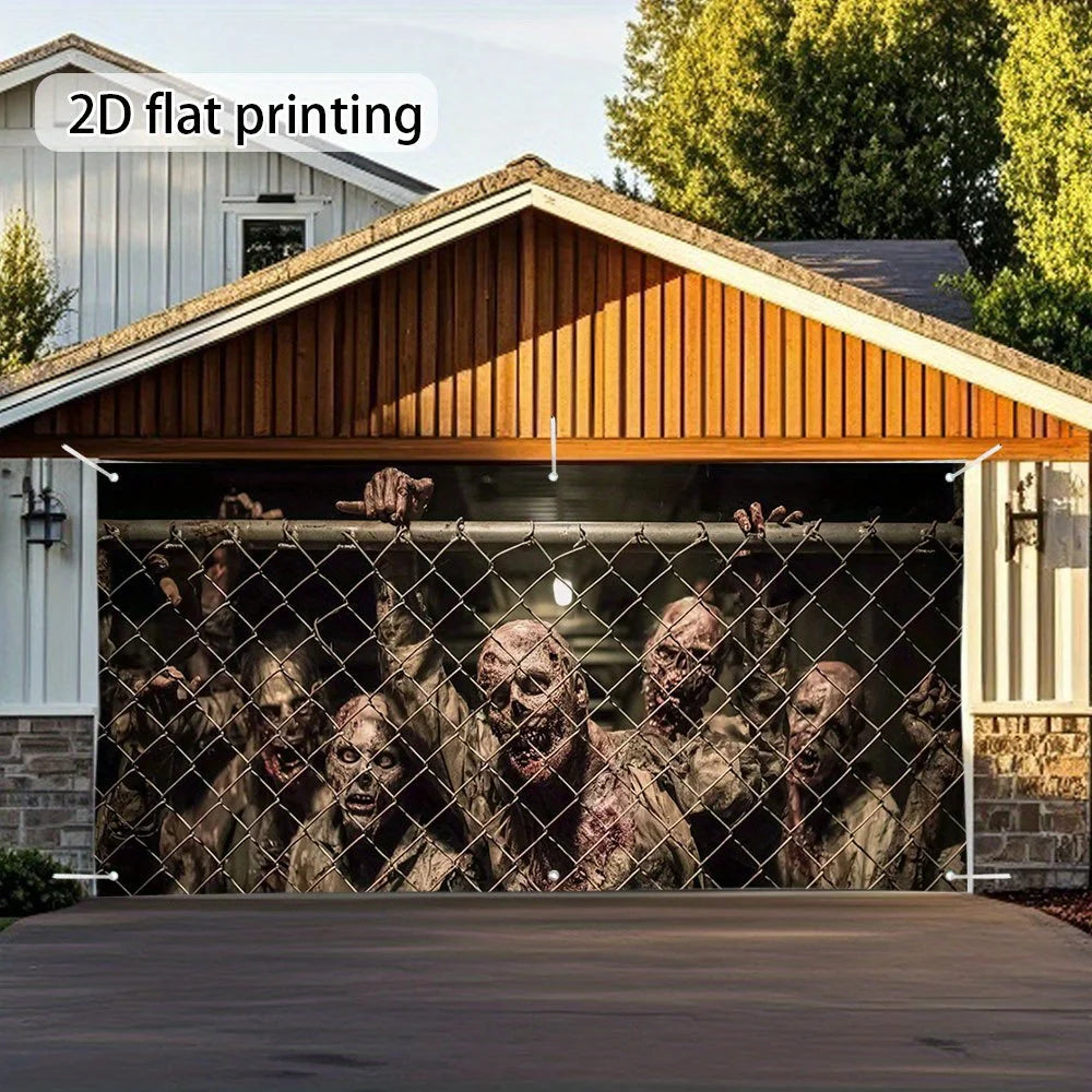 Large terrifying zombie fence garage door cover