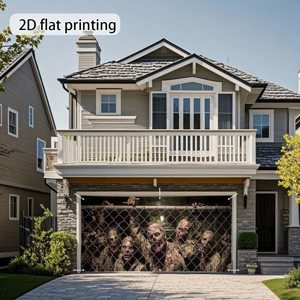 Large terrifying zombie fence garage door cover