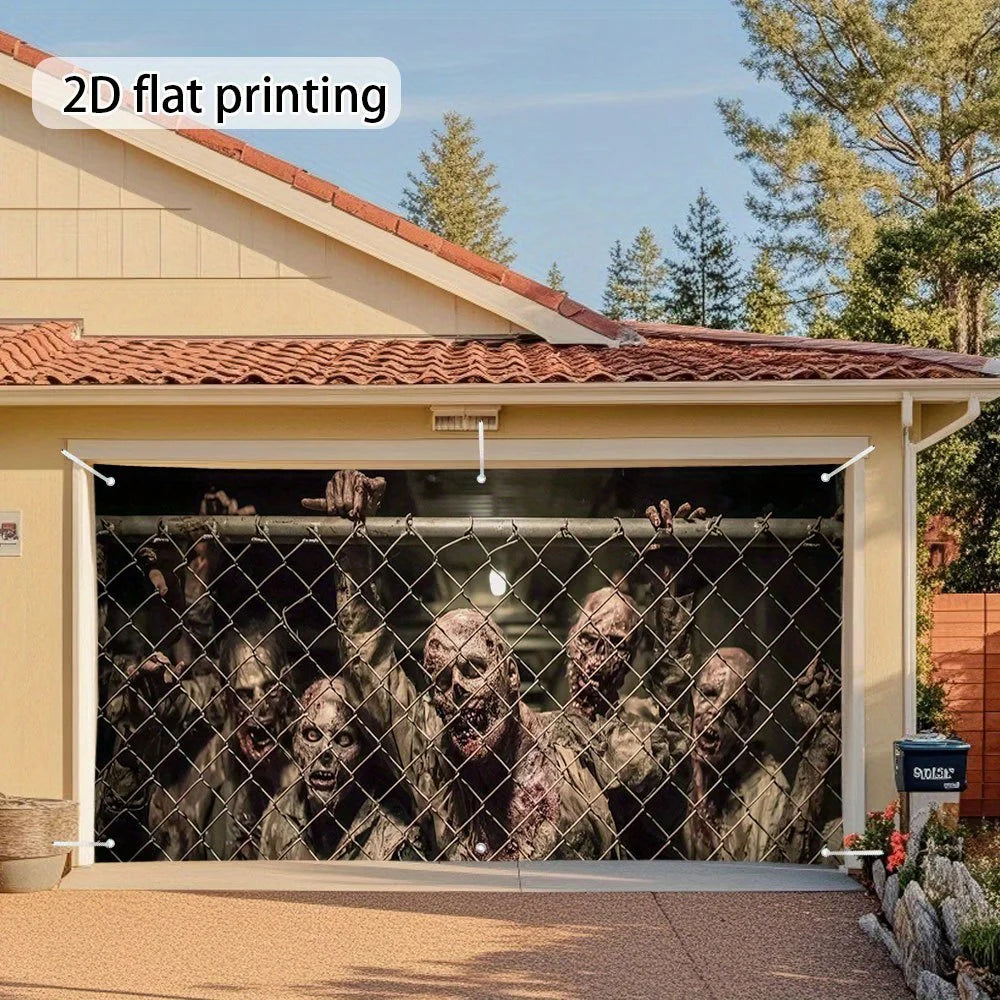 Large terrifying zombie fence garage door cover