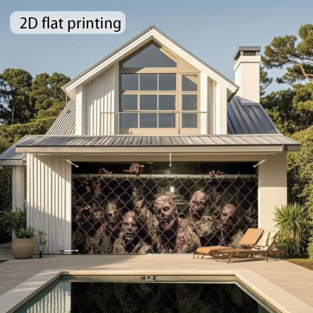 Large terrifying zombie fence garage door cover